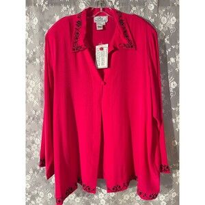 Vintage Y2K Silk Boutique Hot Pink Blouse 2X Black Embroidered Plus Size NWT
